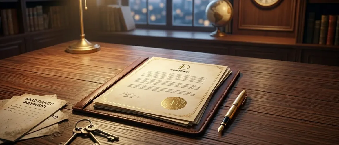 Imagen realista de un escritorio de madera elegante con un contrato hipotecario, una pluma estilográfica, llaves y recibos de pago, representando la revisión legal de cláusulas bancarias en un despacho de abogados.