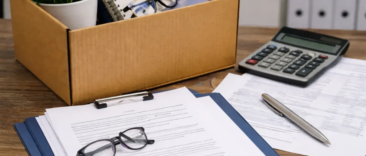 Documentos laborales y caja de oficina tras un cese de trabajo