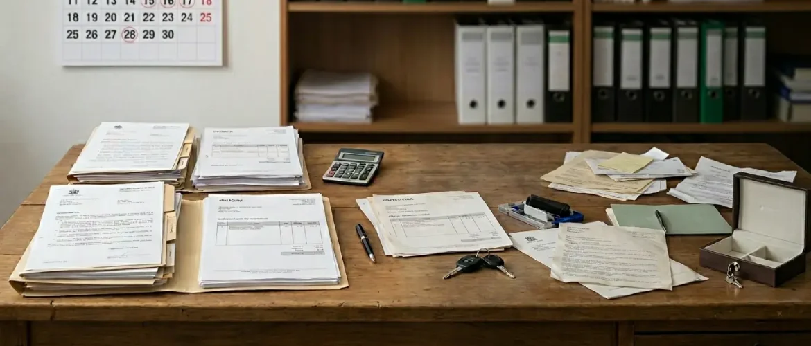 Escritorio de madera con documentos legales, facturas y calendario con fechas marcadas, representando la diferencia entre el retraso de pagos y la ocultación de activos.