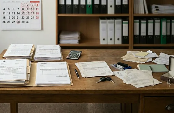 Escritorio de madera con documentos legales, facturas y calendario con fechas marcadas, representando la diferencia entre el retraso de pagos y la ocultación de activos.