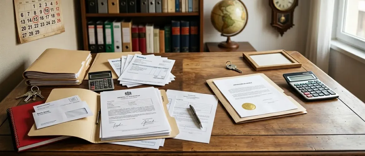 Primer plano de un escritorio de madera en un despacho de abogados, cubierto con carpetas de expedientes, documentos legales firmados con sellos, facturas, dos calculadoras y un bolígrafo, con una estantería de libros de fondo.