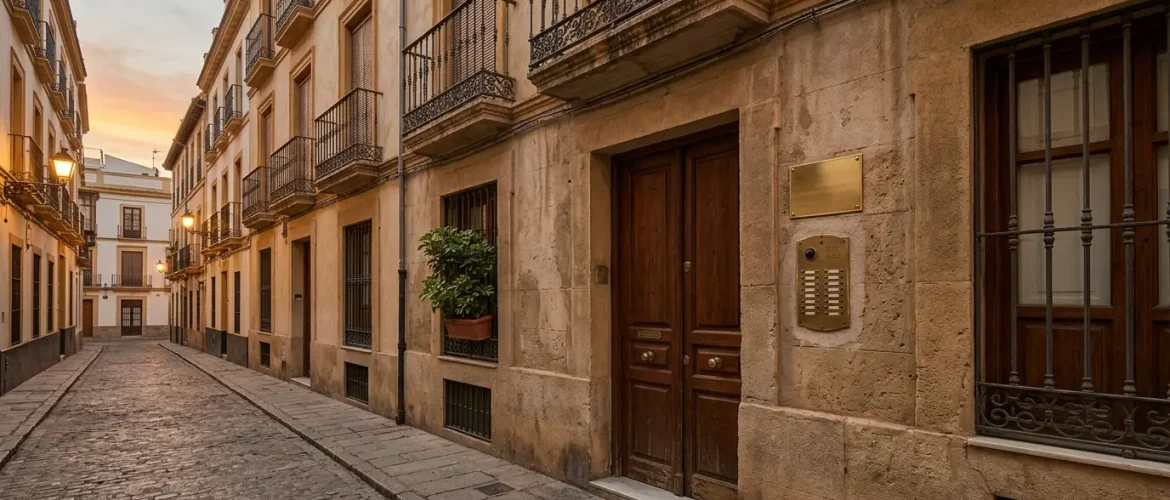 Fotografía realista de una calle clásica en Valencia con edificios residenciales de piedra y balcones de forja, centrada en un portal con telefonillo, representando una comunidad de propietarios.