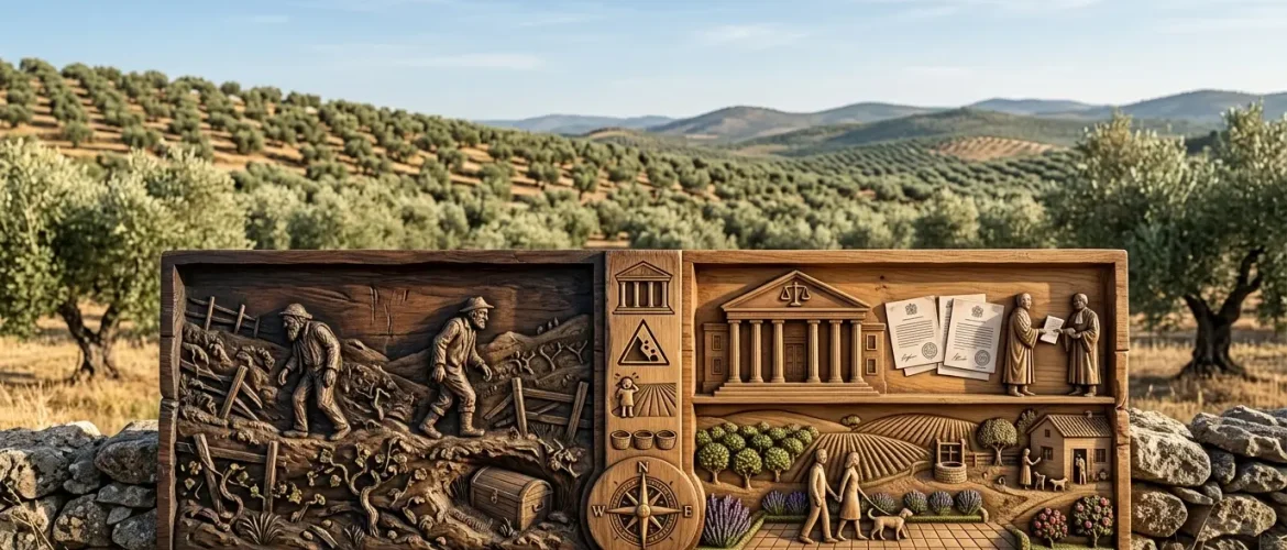 Un detallado relieve de madera tallado a mano que representa una escena rural y alegórica, colocado sobre un muro de piedra frente a un extenso olivar en las colinas de Andalucía, España, bajo un cielo azul.
