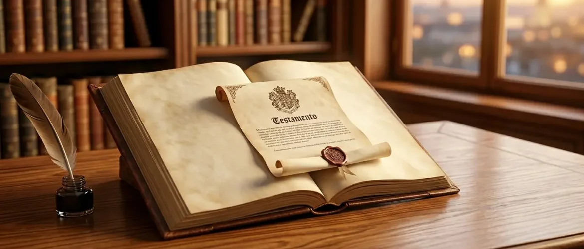 Imagen realista y elegante de un libro de leyes abierto con un testamento sellado con lacre sobre un escritorio de madera, representando la planificación sucesoria y el derecho de usufructo en un entorno jurídico clásico.